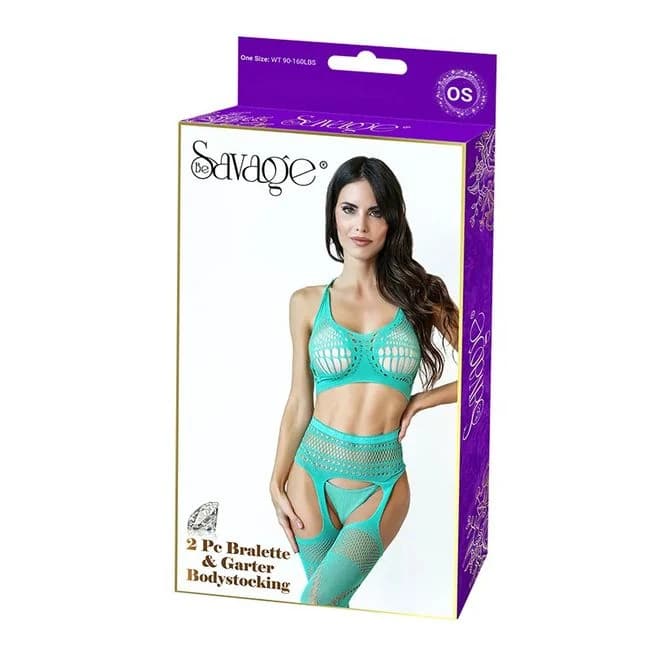 2PC BRALETTE & GARTERED BODYSTOCKING - GREEN  - Image 1