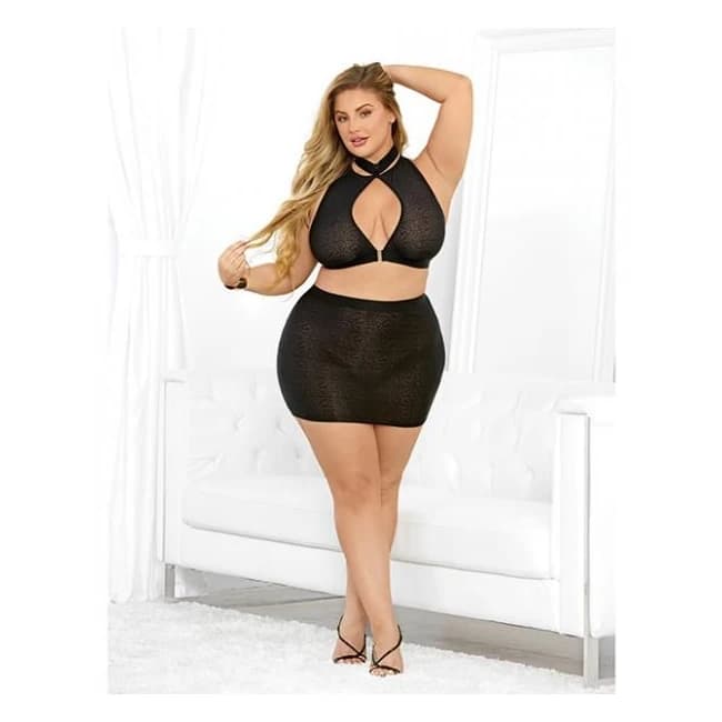 Collared Tri Top Bra & Mini Skirt Black 3x - Image 1