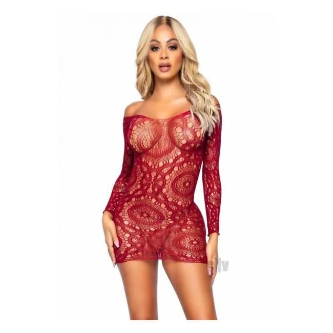 Crochet Long Sleeve Mini Dress Os Burg - Image 1