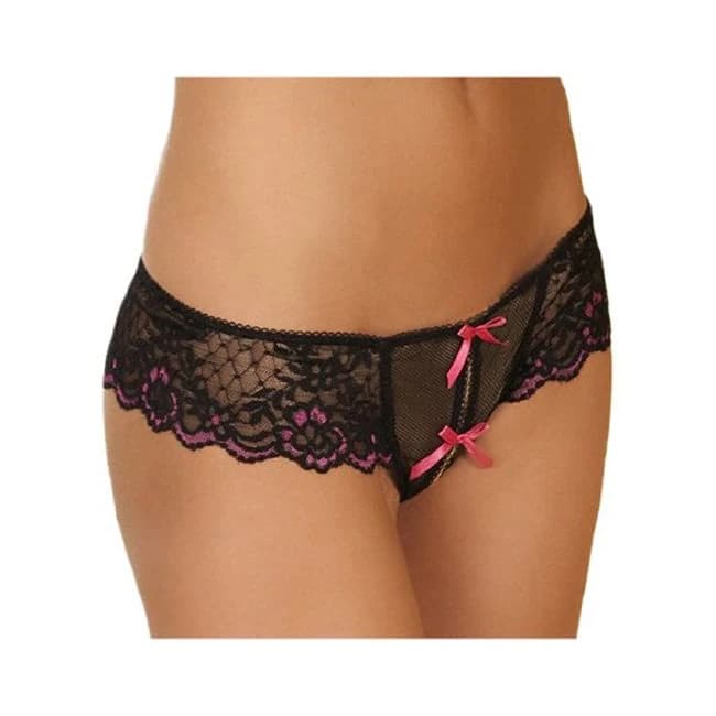 Crotchless Lace Thong W/bows Black 1x/2x - Image 1