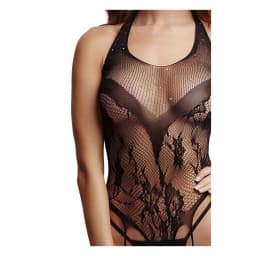 Crotchless Rhinestone Halter Teddy - Black, image 3