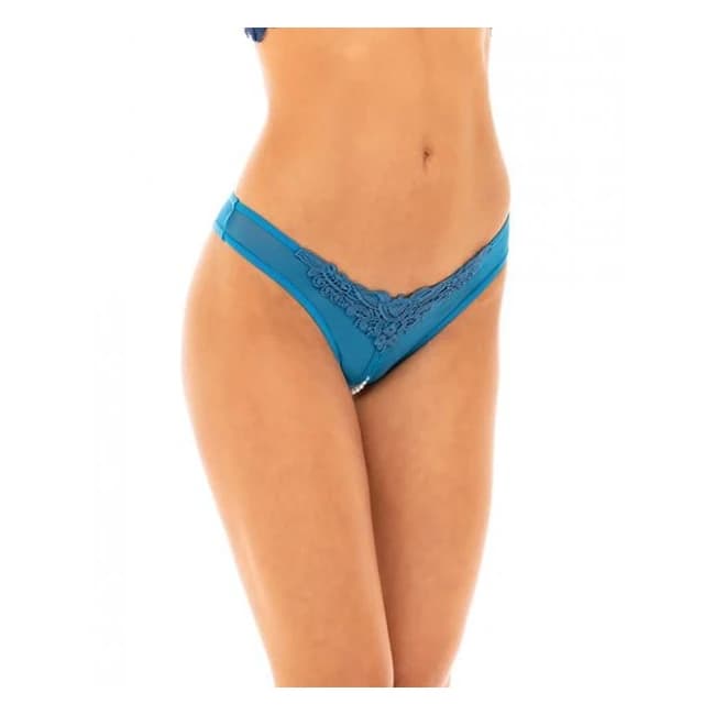 Crotchless Thong W/pearls Mykonos Blue Os - Image 1