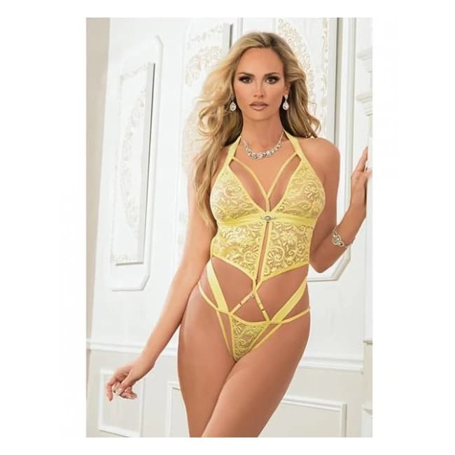 Cut Out Laced Halter Teddy Yellow Glow O/s - Image 1
