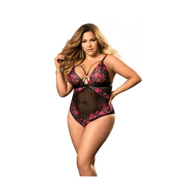 Demi Cup Lace & Mesh Teddy Black/hot Pink 1x/2x - Image 1