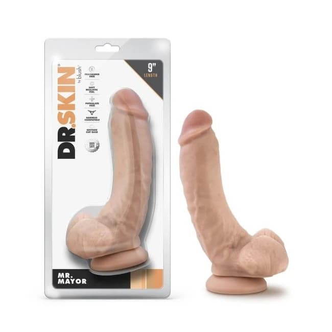 Dr. Skin Mr. Mayor 9in Dildo W/ Balls Beige - Image 1