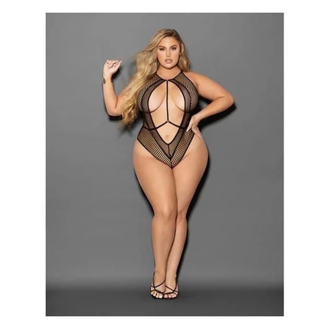 Euphoria Large Fishnet & Mesh Teddy Black Qn - Image 1