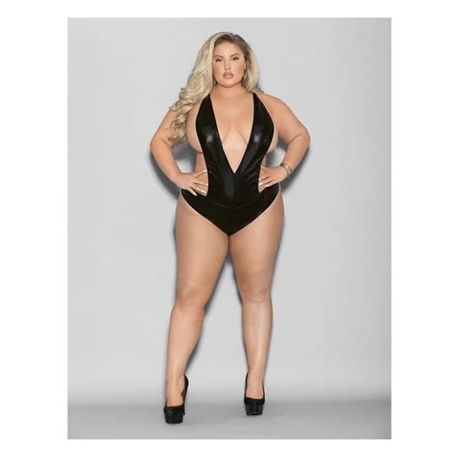 Euphoria Wet Look Deep V Teddy Black O/q - Image 1