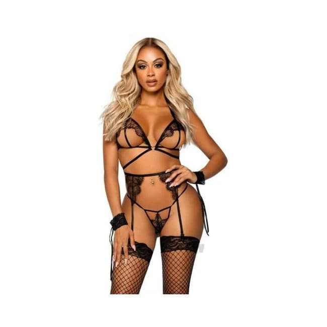 Eyelash Bra Garter Gstring 4pc Os Blk - Image 1
