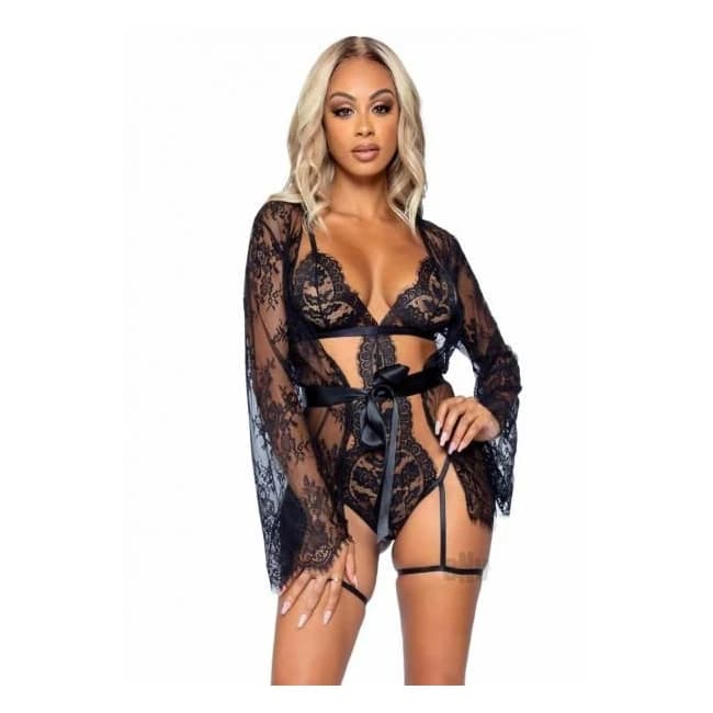 Eyelash Lace Garter Teddy 3pc Lg Blk - Image 1