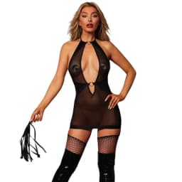 Fetish Garter Slip & Flogger Black O/S, image 1