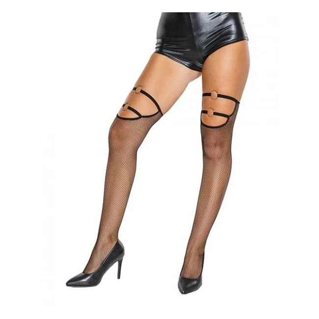 Fishnet Strap Thigh High Stockings Black O/s - Image 1