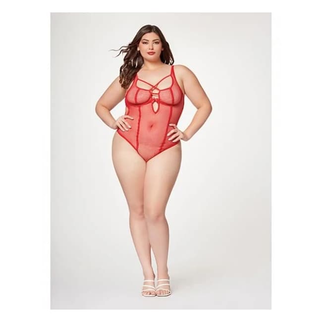 Fishnet Strappy High Cut Leg Teddy Red 3x/4x - Image 1