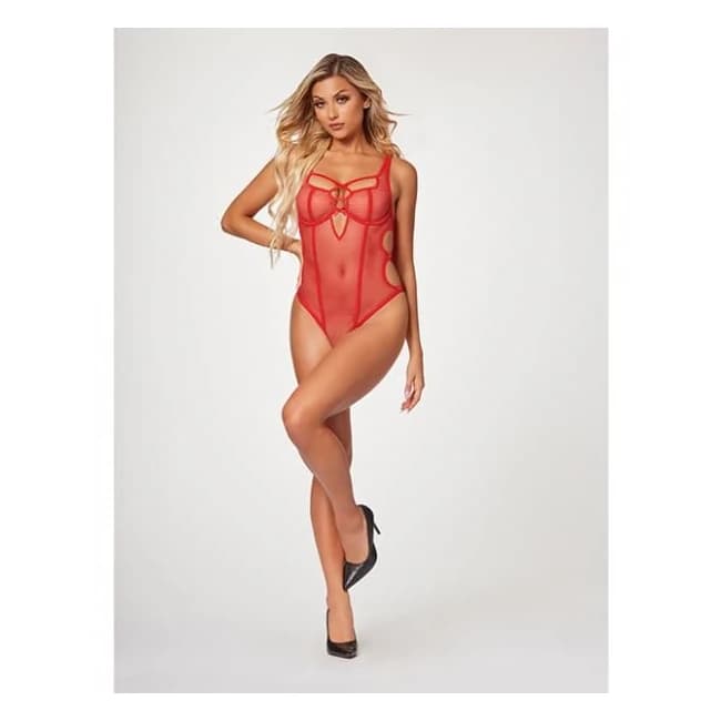 Fishnet Strappy High Cut Leg Teddy Red Md - Image 1