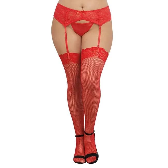 Fishnet Thigh Highs W/ Lace Top Red Q/s - Image 1