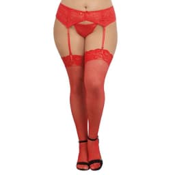 Fishnet Thigh Highs W/ Lace Top Red Q/s - Image 1