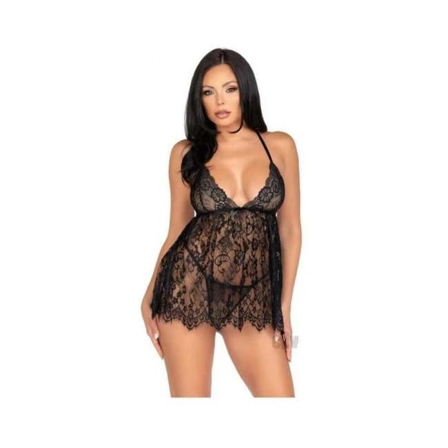 Floral Babydoll Eyelash Gstring Sm Blk - Image 1