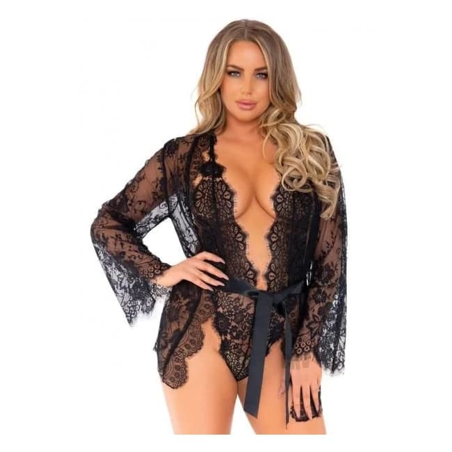 Floral Lace Teddy Set 3pc Lg Blk - Image 1