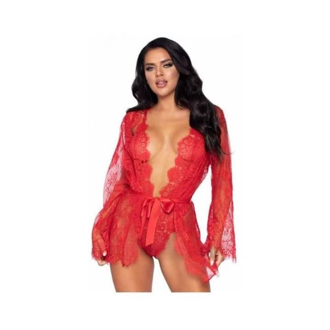 Floral Lace Teddy Thong Robe Tie Lg Red - Image 1