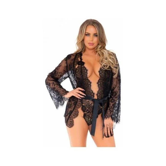 Floral Lace Teddy Thong Robe Tie Md Blk - Image 1