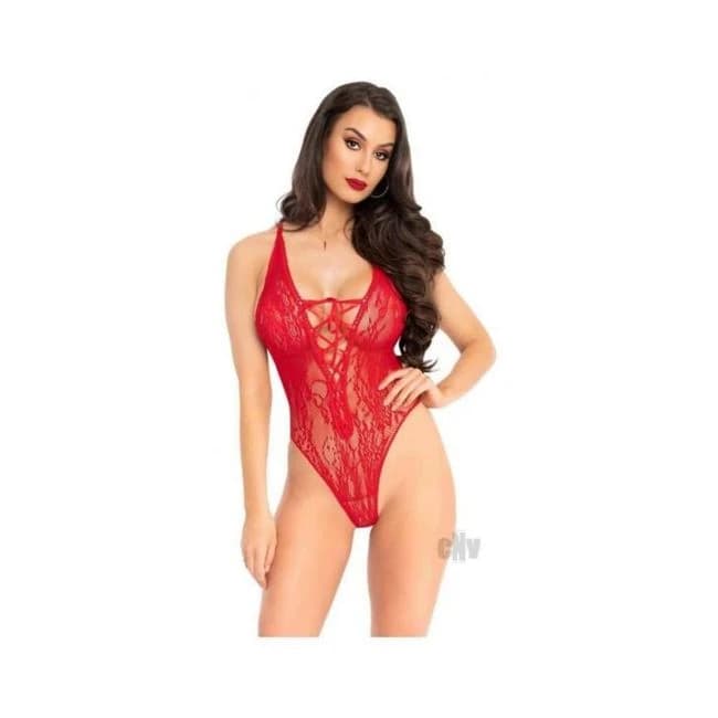 Floral Lace Thong Teddy Os Red - Image 1