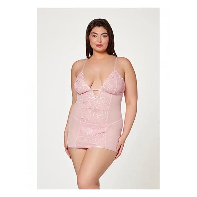 Floral Mesh Chemise & G-string Pink 3x/4x - Image 1
