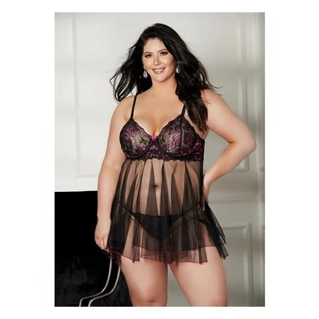Floral & Sheer Pleated Babydoll Black/rose 2x - Image 1