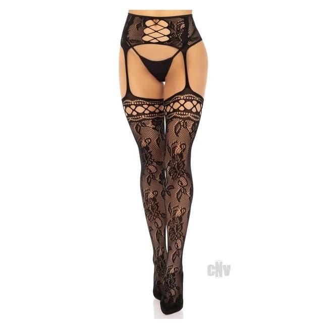 French Rose Lace Stocking/garterbelt Blk - Image 1