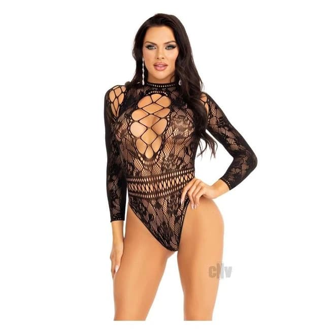 High Neck Lace Net Keyhole Suit Os Blk - Image 1