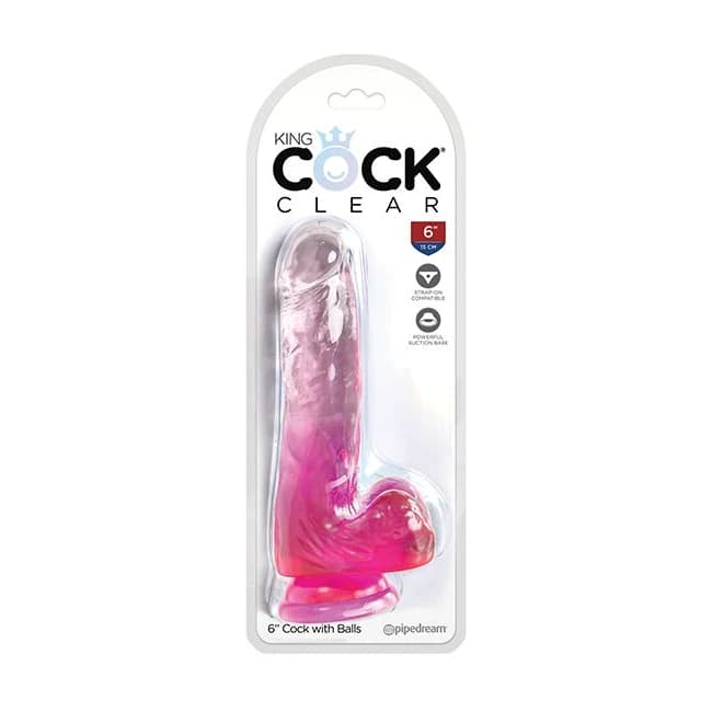 KING COCK CLEAR 6IN W/ BALLS PINK  - Image 1