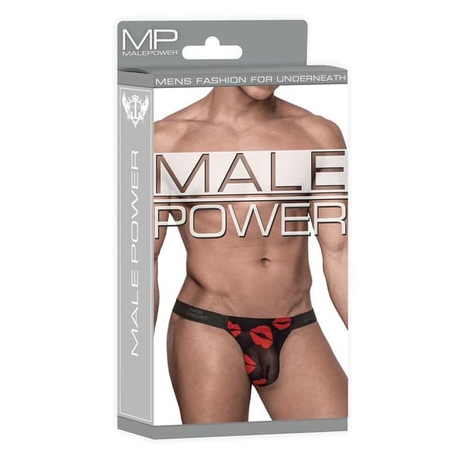 Kiss Me Micro Thong V Lips Print - Black, Red - Image 1