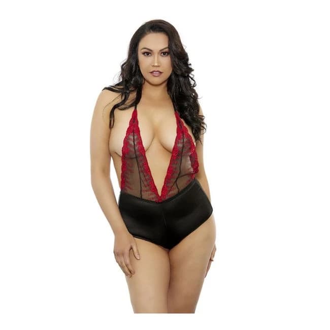 Lace and Satin Teddy Plus Size Black/red - Image 1