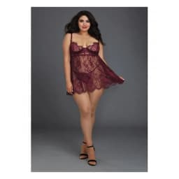 Lace Babydoll Underwire Cups & Thong Purple 2x, image 1