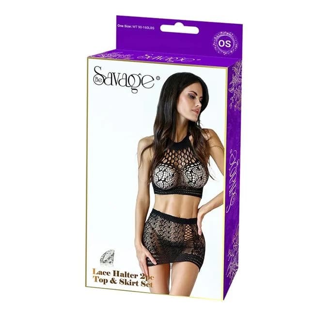 LACE HALTER 2PC TOP & SKIRT SET - BLACK  - Image 1