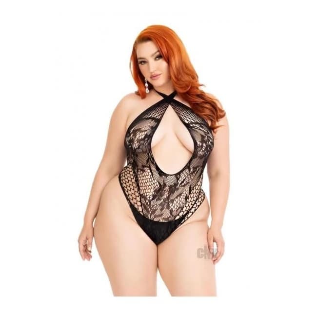 Lace Keyhole Crossover Teddy 1x/2x Blk - Image 1