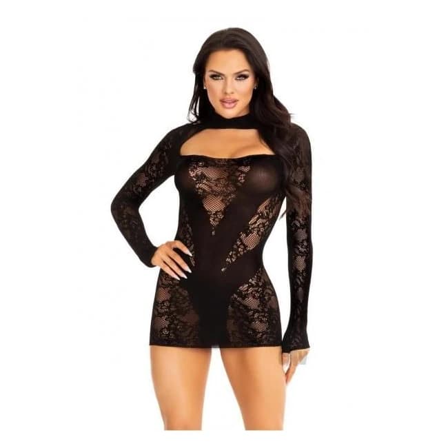 Lace Keyhole Mini Dress Gloves Os Blk - Image 1