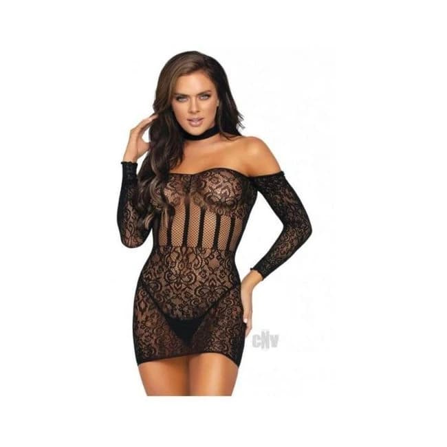 Lace Lng Sleeve Halter Mini Dress Os Blk - Image 1