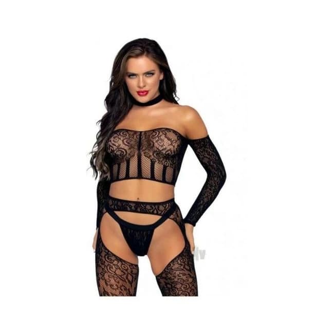 Lace Lng Sleeve Halter Set 3pc Os Blk - Image 1
