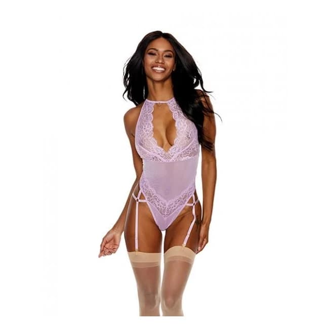 Lace & Mesh Gartered Teddy Lilac Md - Image 1