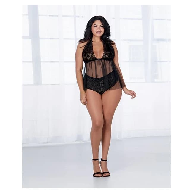 Lace & Mesh Halter Babydoll Black Queen - Image 1
