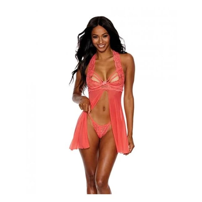 Lace & Mesh Halter Babydoll W/g-string Mango - Image 1