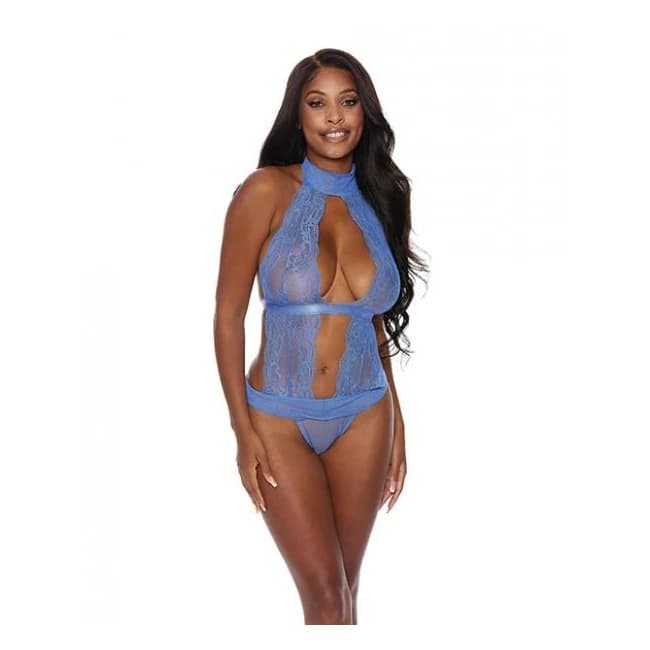 Lace & Mesh Halter Neck Teddy Periwinkle - Image 1