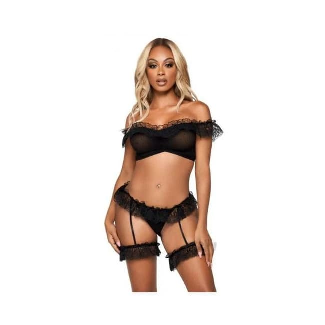 Lace Off Shoulder Top/open Panty Os Blk - Image 1