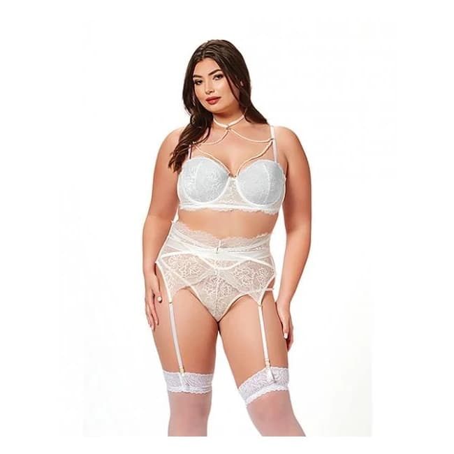 Lace & Pearl Bra, Garter Belt & Thong White 1x/2x - Image 1