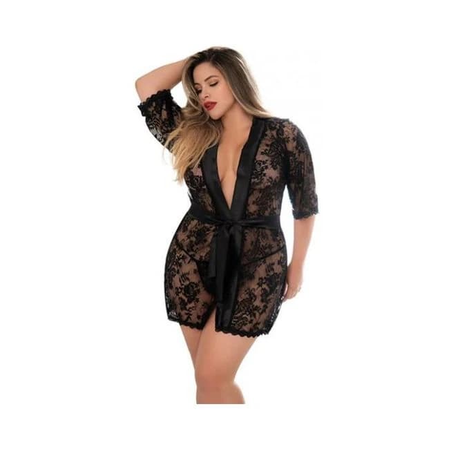 Lace Robe W/matching G-string Black 1x/2x - Image 1