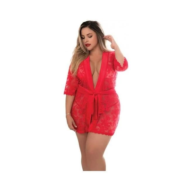 Lace Robe W/matching G-string Red 1x/2x - Image 1