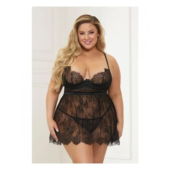 Lace & Satin Babydoll & Panty Black 3x/4x - Image 1