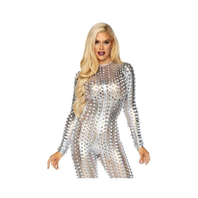 Laser-cut Metallic Catsuit Silver - Image 1