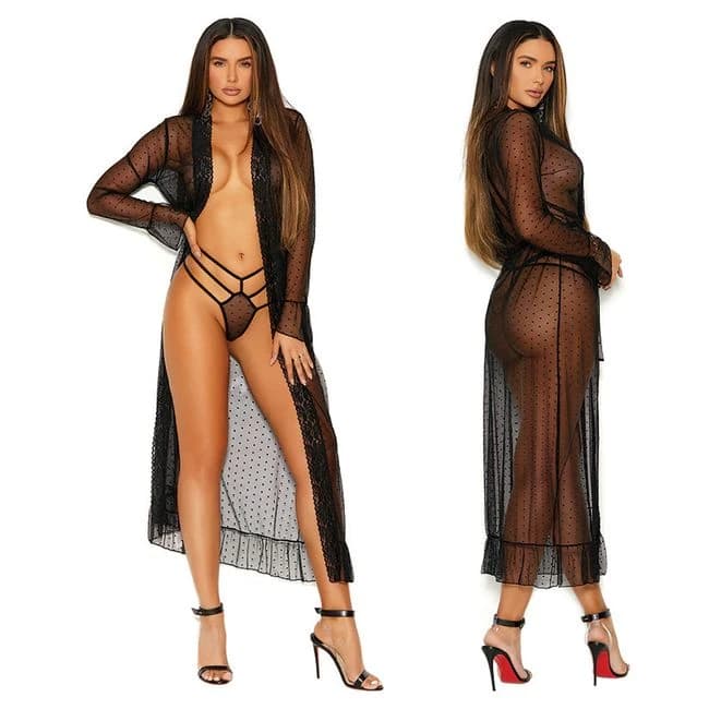 Long Sleeve Dotted Mesh Robe & Panty-black 1x - Image 1