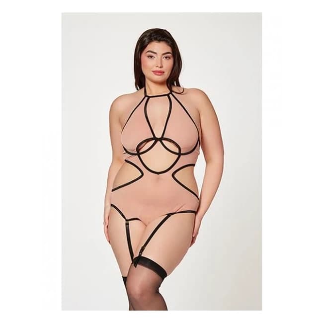 Mesh Cut Out Halter Teddy Nude/black Qn - Image 1
