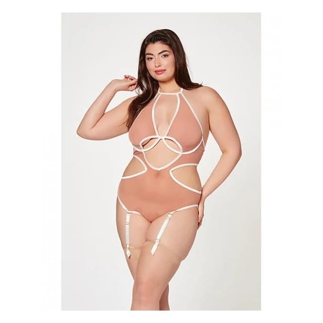 Mesh Cut Out Halter Teddy Nude/white Qn - Image 1